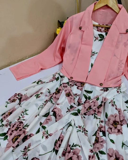 2 pcs Stylish Floral Print Maxi Dress with Pink Jacket - Women's Western Wear - Floral Maxi