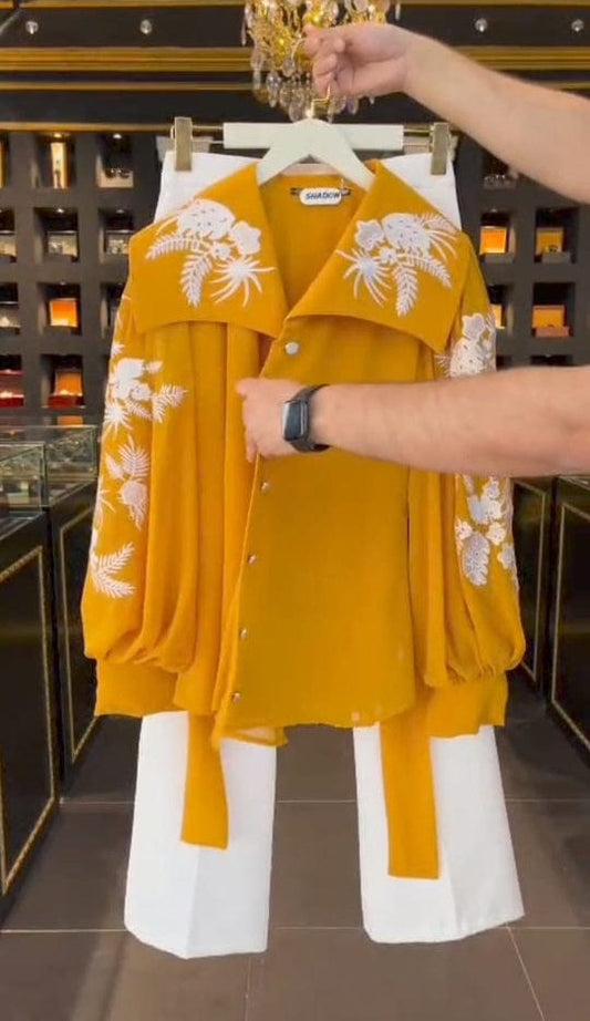 Women’s 3-Piece Mustard Embroidered Chiffon Western Maxi Set – Upper, Inner & Belt, Medium Size, Elegant Party Wear