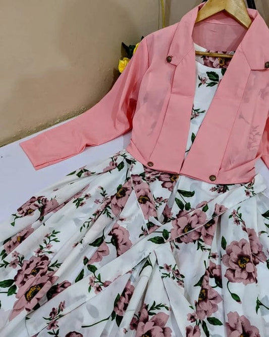 2 pcs Stylish Floral Print Maxi Dress with Pink Jacket - Women's Western Wear - Floral Maxi